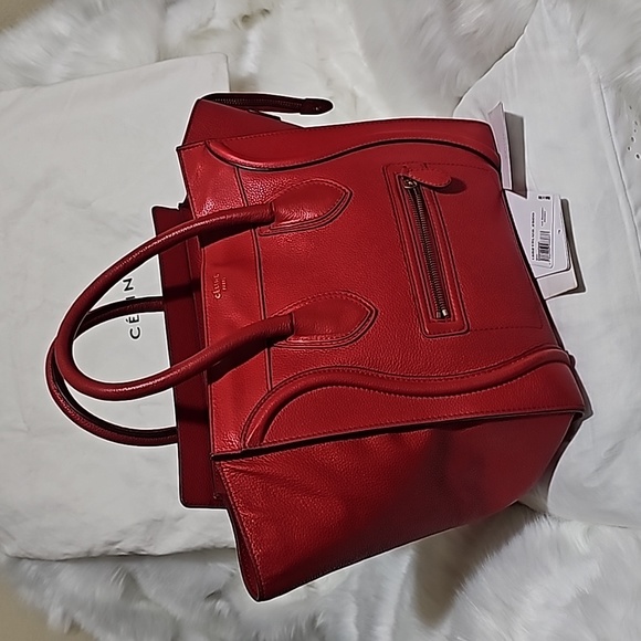 CELINE Coquelicot Drummed Calfskin Leather Mini Luggage Tote Bag - Picture 1 of 17